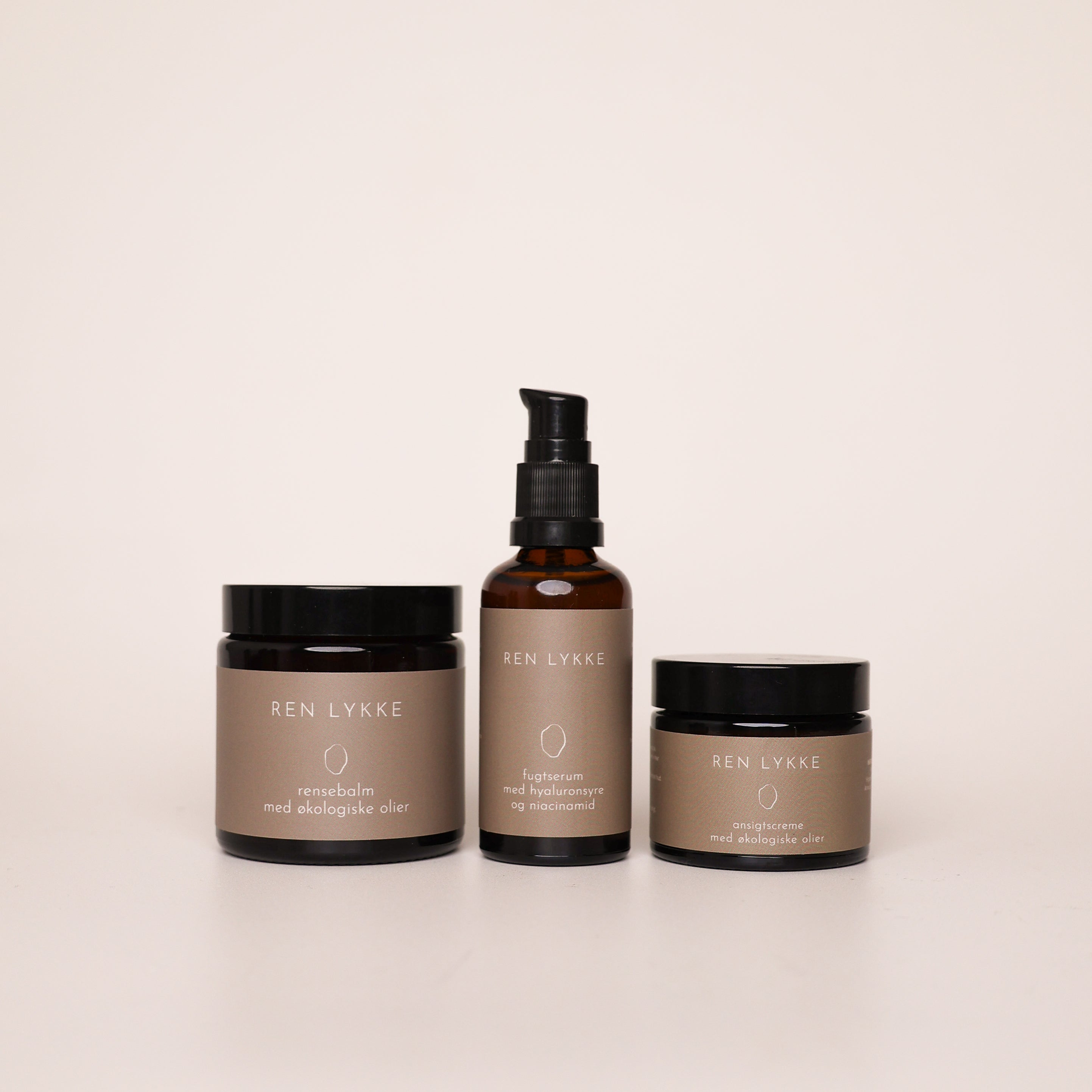 Pakke hudplejerutine med rensebalm, fugtserum og ansigtscreme fra Ren Lykke